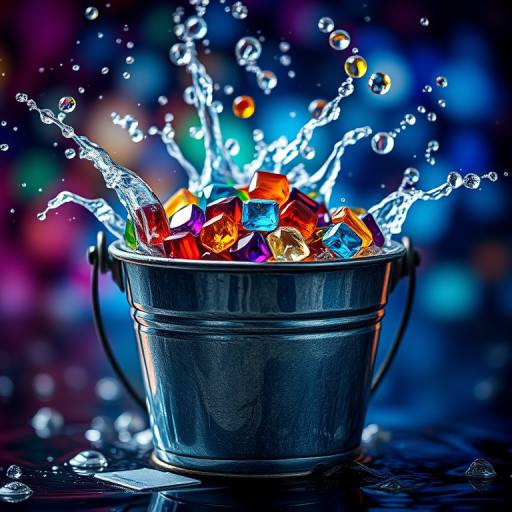 Create an image of a metal bucket filled with colorful gems splashing water, vibrant background with bokeh effect, ISO 100, f/2.8, 1/500s, 50mm lens, shot in high dynamic range to enhance detail and color saturation.