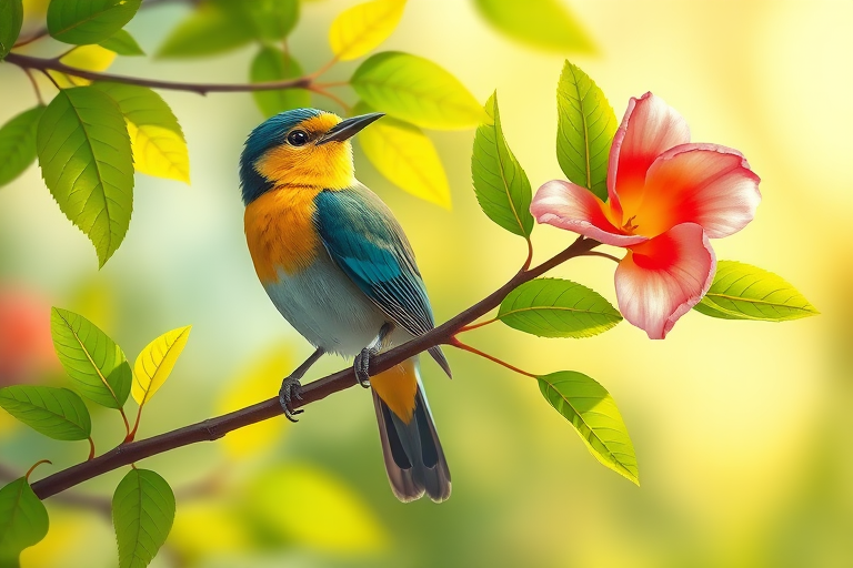 Create a high-resolution illustration of a stylized bird perched on a branch with vibrant green leaves and a colorful flower in a soft, blurred background using a DSLR camera with a 50mm lens at f/2.8, ISO 100, and a shallow depth of field for enhanced image quality.