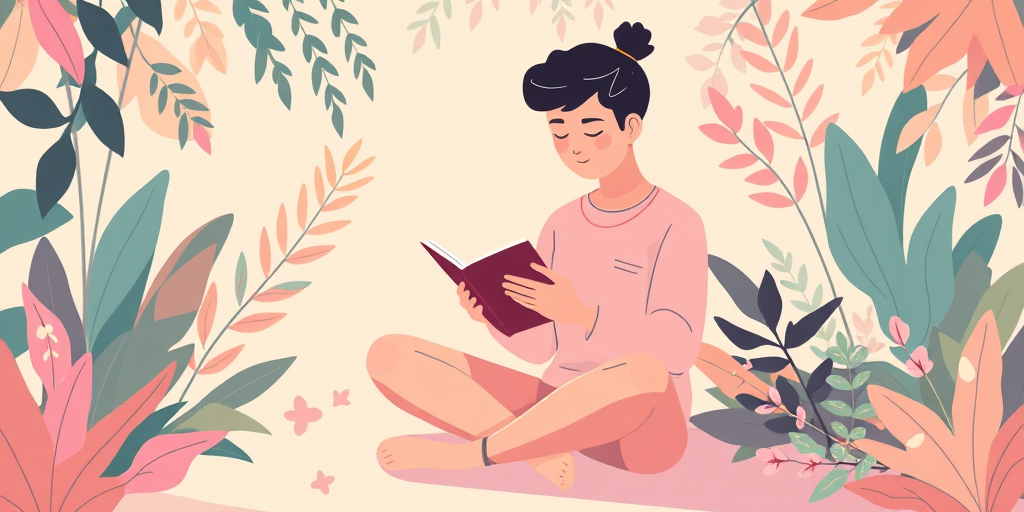 Create a digital illustration of a person sitting cross-legged and reading a book surrounded by stylized foliage, using a soft pastel color palette, in a flat design style, captured with a Canon EOS R5 at f/4, ISO 100, with a 35mm lens from a slightly elevated perspective to enhance depth and vibrancy.