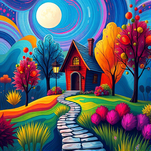 Regenerate a vibrant and colorful illustration of a whimsical house with a winding path leading to it, surrounded by abstract, multicolored trees under a swirly moon, using a digital painting style with high saturation, sharp focus, and a 4K resolution, simulating a cinematic depth of field with a Canon EOS R5 and a 35mm lens at f/2.8.