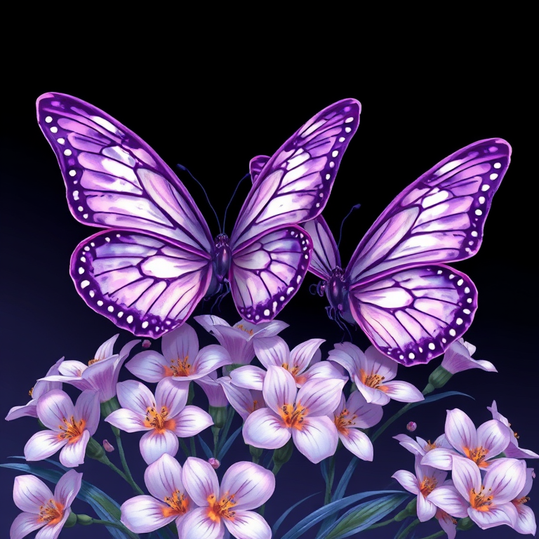 Create a detailed illustration of two beautiful purple butterflies resting on delicate flowers. The butterflies should have intricate patterns and a soft glow, surrounded by a serene, dark background that enhances the vibrant colors. The flowers should complement the butterflies, adding to the overall elegance of the scene.
