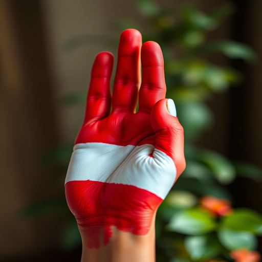 Create an image of a hand painted in red and white stripes resembling the Austrian flag, captured using a DSLR camera with a 50mm lens, f/2.8 aperture, ISO 100, natural lighting, and a shallow depth of field to enhance the vibrancy and focus on the hand's texture.