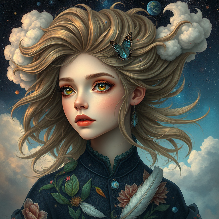 Create a series of imaginative portraits where each subject is infused with elements of fantasy and nature. The hair of the individuals should flow like clouds, varying from soft, fluffy cumulus to wispy cirrus strands, with hints of color reflecting a sunset or a clear blue sky. The eyes should be windows to entire galaxies, with stars, nebulae, and distant planets visible within them. Clothing should be adorned with nature motifs, such as floral patterns that bloom and change, vines that seem to grow and wrap around, or feathers that shimmer with iridescence. Each portrait should capture a unique personality, blending human features with the ethereal beauty of the natural and cosmic world. The backgrounds can vary, from starry night skies to enchanted forests, adding depth and context to the magical realism of the portraits