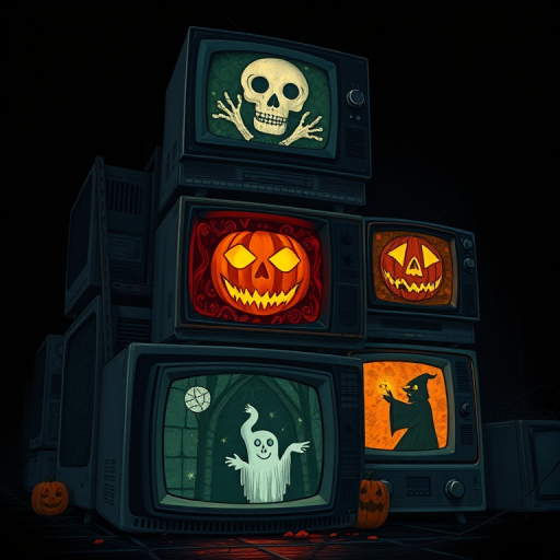 Create a spooky Halloween-themed illustration featuring stacked vintage televisions displaying eerie jack-o'-lanterns, skulls, and ghostly figures, captured with a DSLR camera at f/2.8, ISO 200, and 1/125s, in a high-contrast, low-angle view to accentuate the depth and details of the composition.