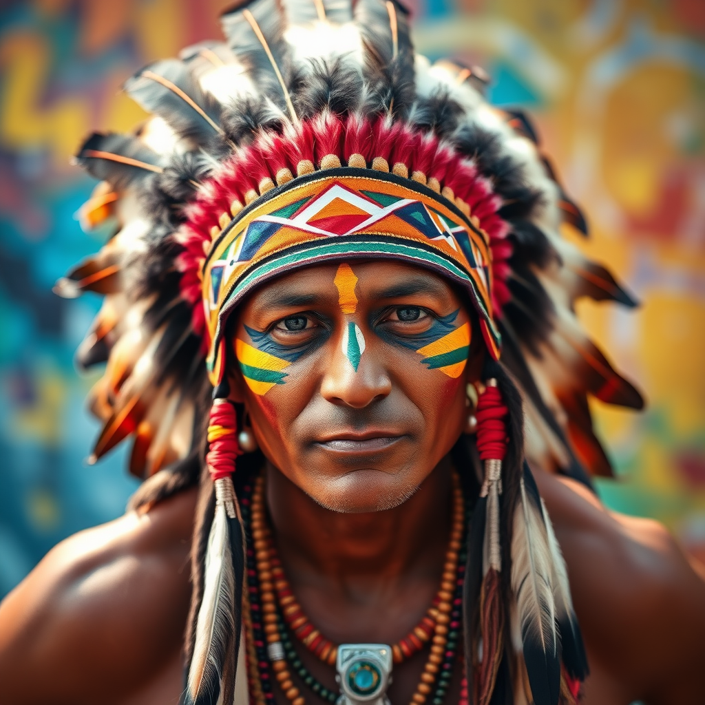 Create a vibrant and dynamic portrait of a Native American man wearing a traditional feather headdress, with colorful face paint, in a dramatic pose conveying strength and spirit, using a DSLR camera, 50mm lens, f/1.8 aperture, ISO 100, and shooting in natural light against a colorful abstract background with soft bokeh effects.