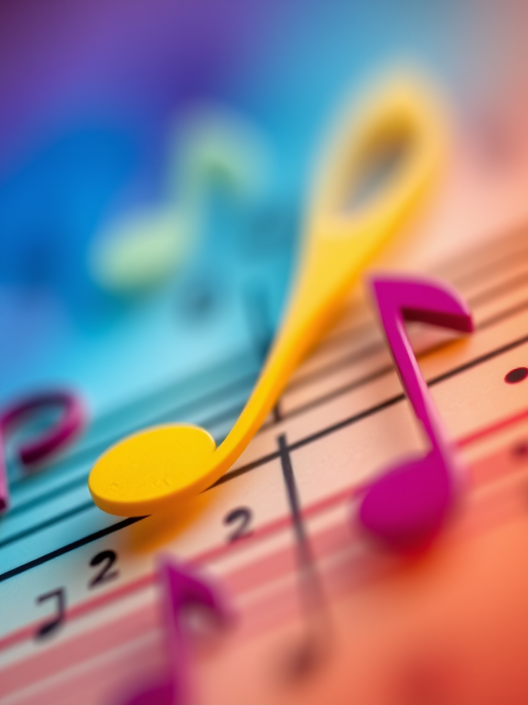 Create an abstract image featuring musical notes in a vibrant color palette, captured with a DSLR camera at f/2.8, ISO 100, and a shutter speed of 1/250s, using a macro lens to emphasize detail and a shallow depth of field for a soft background.