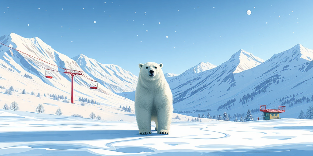 Create an illustration of a polar bear standing in a snowy landscape with mountains in the background, featuring ski lifts and a subtle snowfall, use a digital drawing style with vibrant colors, set at a resolution of 300 dpi, using a wide-angle lens at f/8 for depth of field and high contrast to enhance clarity and detail.