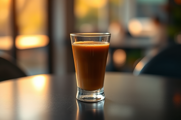 A glass of coffee on a black table, shallow depth of field, soft focus background, golden hour lighting, Canon EOS R5, 50mm f/1.8 lens, ISO 100, f/2.8, 1/200 sec, natural light.