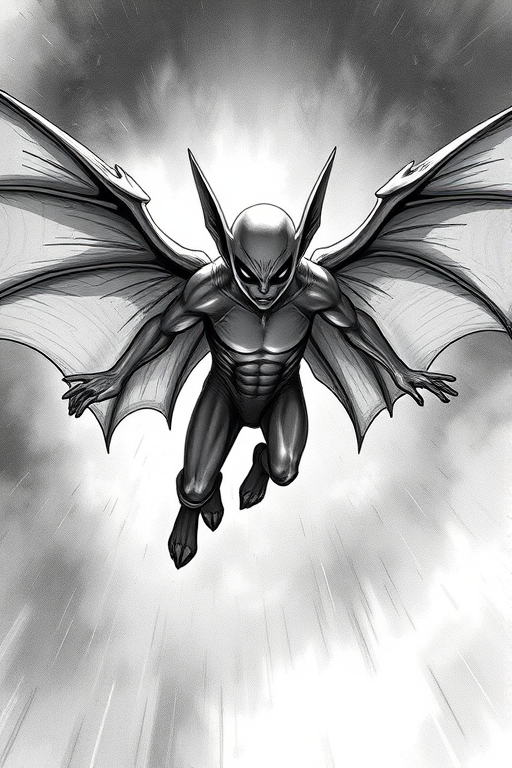 Create a dynamic illustration of a humanoid figure with bat-like wings in mid-flight, shot with a 35mm lens, f/2.8 aperture for a shallow depth of field, ISO 200, using a high-contrast black and white style to highlight textures and details.