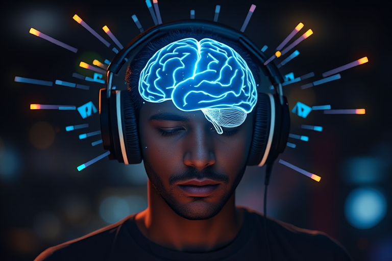Create an image of a person wearing headphones with a glowing brain, surrounded by digital waves and sparks, using a Canon EOS R5, 50mm lens, f/1.8 aperture, ISO 100, shot in low light with a bokeh effect for enhanced depth and clarity.