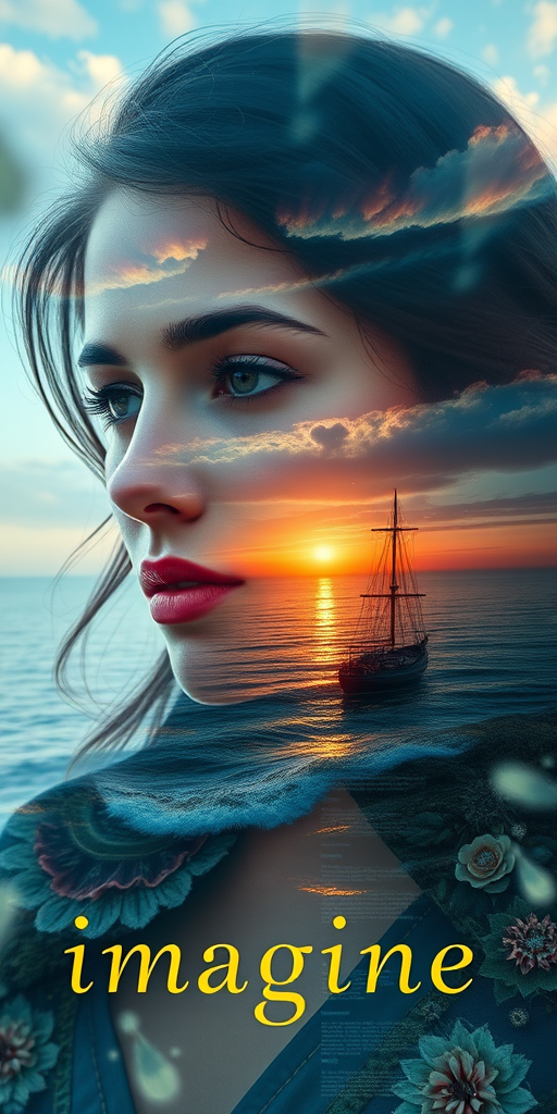 imagine Book cover, A surreal double exposure portrait that blends a woman's face with a beautiful seascape. The overall mood is dreamy and mystical, with rich colors and intricate details