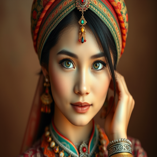 Create a portrait of a beautiful Vietnamese woman with striking green eyes and a gentle expression. She is adorned in traditional attire with intricate patterns, including a richly embroidered headscarf and matching garments. Her jewelry includes a delicate headpiece, dangling earrings, and ornate bracelets, all featuring vibrant gemstones and detailed metalwork. The background is soft and warm, enhancing the rich colors of her outfit and jewelry.