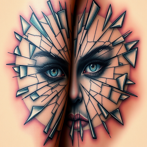 Avant-garde "Fractured Reality" tattoo concept utilizing broken glass effects and optical illusions to create a mind-bending trompe l'oeil design that appears to reveal hidden dimensions beneath the skin