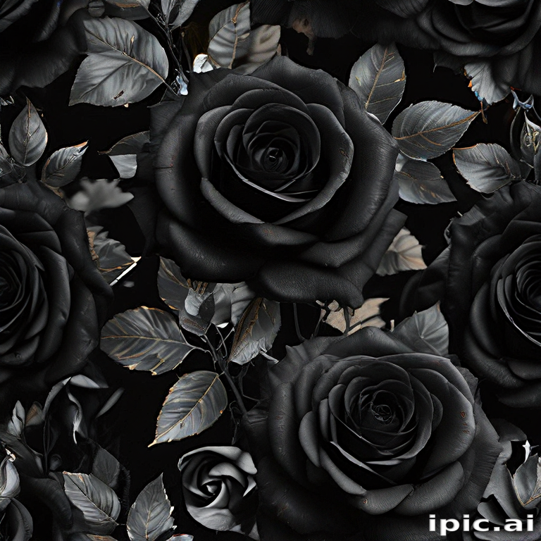Elegant Black Roses with Dark Leaves Against a Deep Black Background