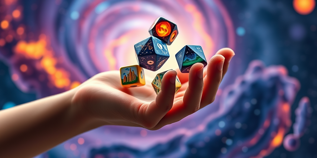 Create a high-resolution image of a hand delicately manipulating floating, vividly illustrated dice and triangular dice, depicting various landscapes like cityscapes, fire, and outer space, using a Canon EOS R5 camera with a 50mm f/1.2 lens, aperture set to f/2.8, ISO 100, and a shallow depth of field to enhance the sharpness of the dice against a swirling cosmic background.