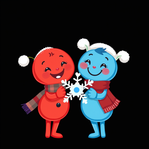 Create a vibrant cartoon-style illustration of two joyful characters, one red and one blue, holding a smiling snowflake, set against a solid black background, using a high-resolution digital camera with a 50mm lens, f/2.8 aperture, ISO 100, and soft lighting to enhance colors and details.