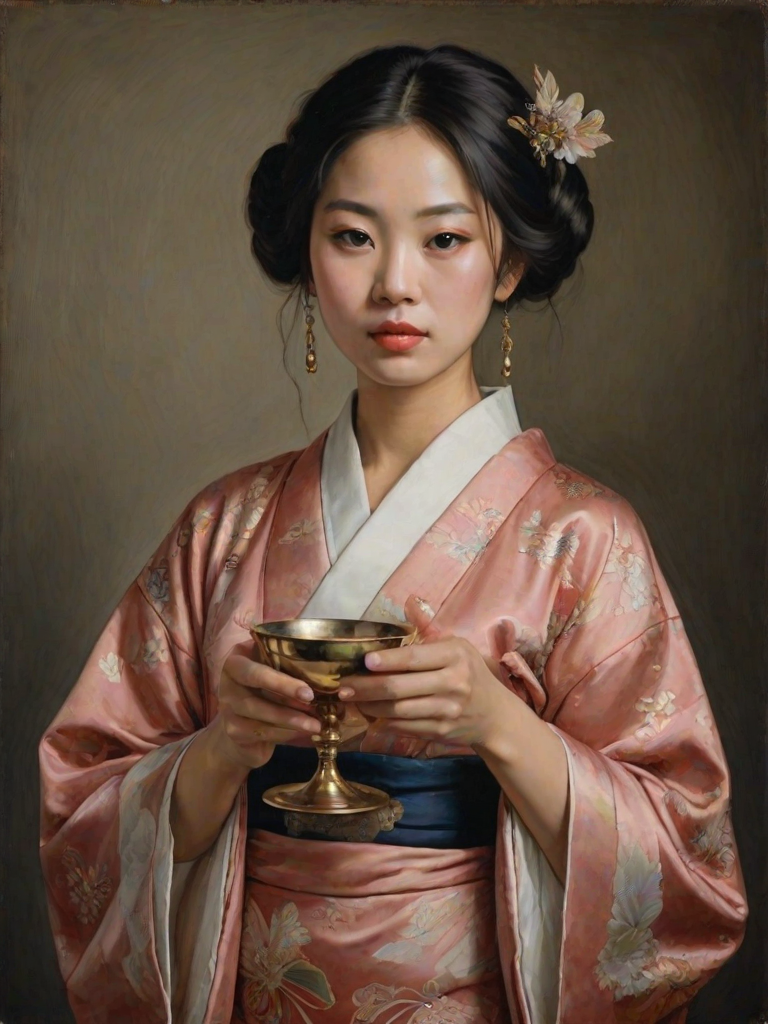 portrait of an asian woman holding small lycg chalice in her hand wearing a kimono with winged eye liner, renaissance style oil painting, carvaggio,