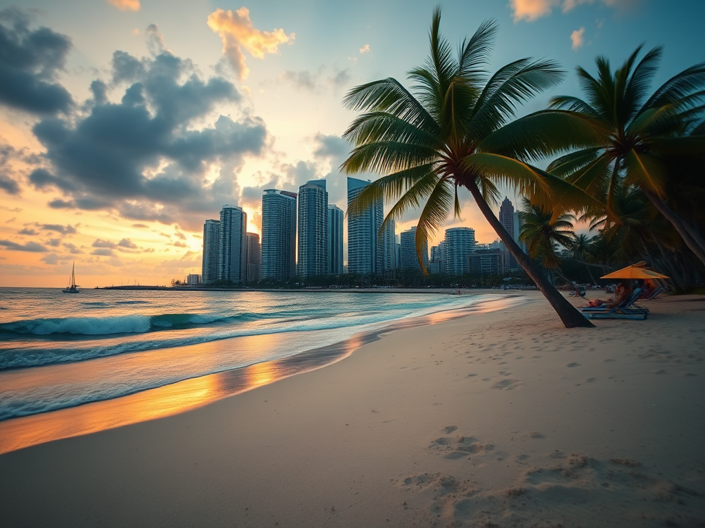 regenerate a tropical beach scene with skyscrapers in the background during sunset, use a DSLR camera with a 24mm lens, aperture f/8, ISO 200, shutter speed 1/125 sec, capture a wide-angle view for enhanced detail and quality