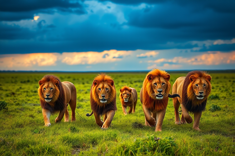 A group of majestic lions walking through a lush green field under a dramatic sky, captured with a DSLR camera at f/2.8, ISO 100, shutter speed 1/500s, in a wide-angle view, using a natural lighting style for enhanced depth and clarity.