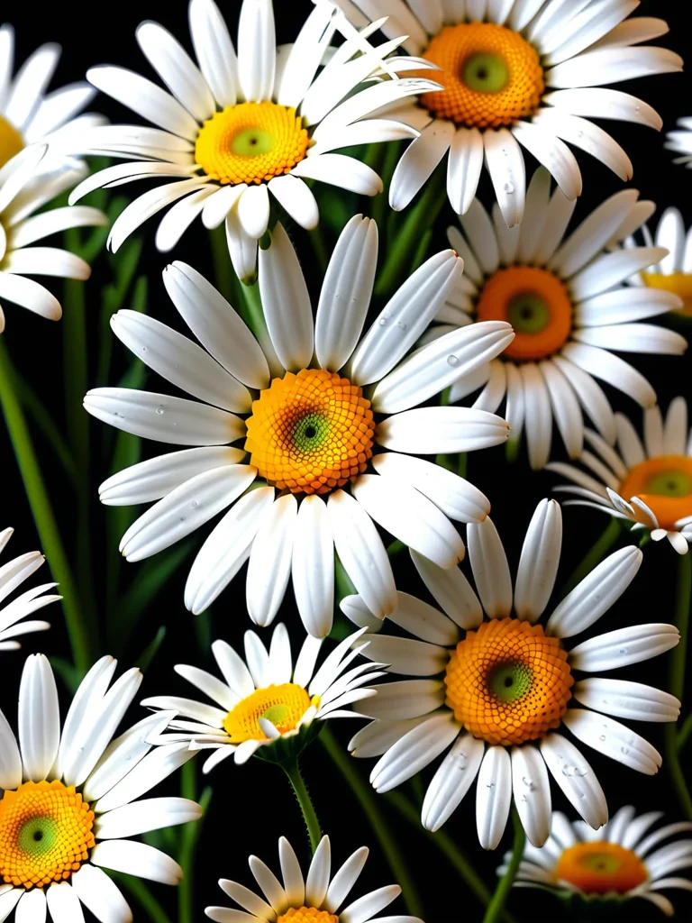 A Vibrant Display of Daisies Against a Dark Background in Full Bloom.