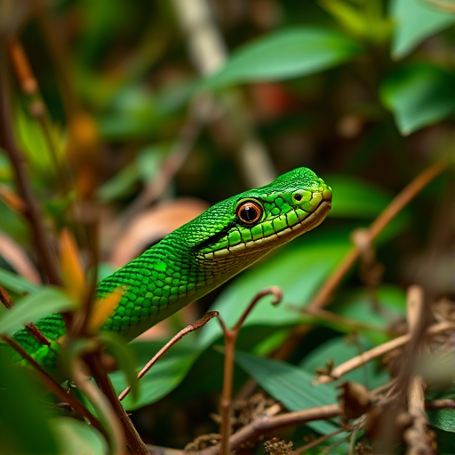 Create an image of a detailed green snake slithering through vegetation in a vibrant jungle setting, shot with a DSLR camera at f/4.0 aperture, ISO 200, 1/250 sec shutter speed, using a macro lens for close-up detail and natural lighting to enhance color richness.