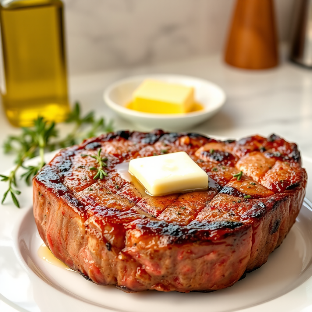 Create an image of a perfectly seared ribeye steak, resting on a white plate with a pat of melting butter on top. The steak is seasoned with fresh herbs like thyme and parsley, with glistening juices highlighting the texture of the meat. The background features a soft focus on a light, marble countertop, with a small dish of butter and an olive oil bottle in the distance. The overall mood should be warm and inviting, capturing the deliciousness and juiciness of the steak.