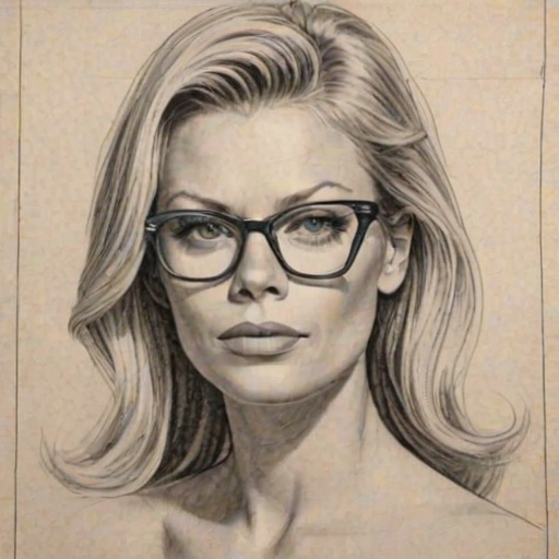 Appealing Peta Wilson, pencil sketch, portrait of Captivating woman 1957s in glasses, hair style beatnik, outline, clear lines, fine lines, 8k