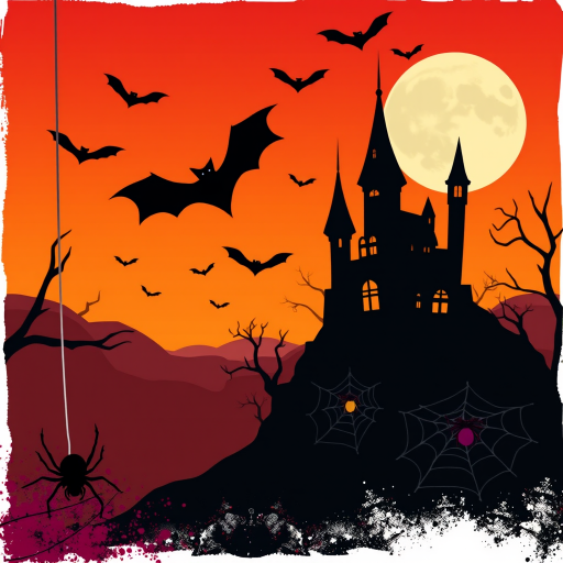 Create a spooky Halloween scene featuring a gradient sky transitioning from orange to dark red with silhouettes of bats flying. Include a large full moon and a creepy castle on one side, with spider webs and cartoonish spiders hanging in the foreground. Add some splashes of color to give a textured look to the background.