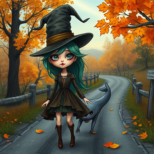 digital art fantasy depicting a strange girl with green hair, long eyelashes, brown lipstick and a tall hat walking along a winding road on an autumn afternoon, an Vaquita smiles as she passes