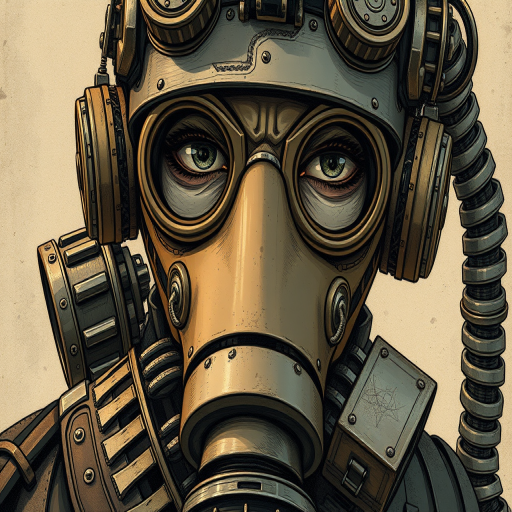 Create a detailed steampunk-style illustration of a gas mask-wearing figure with intricate gears and accessories, captured in a high-resolution digital format, using a 50mm lens, f/2.8 aperture, and soft diffused lighting to highlight textures and details.