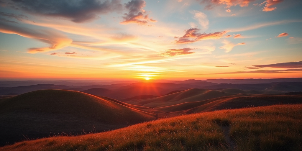 Generate a high-resolution image of a serene landscape with rolling hills and a vibrant sunset, using a Canon EOS R5, 24mm lens, f/8 aperture, ISO 100, 1/125 sec exposure, with a soft focus and warm color palette.