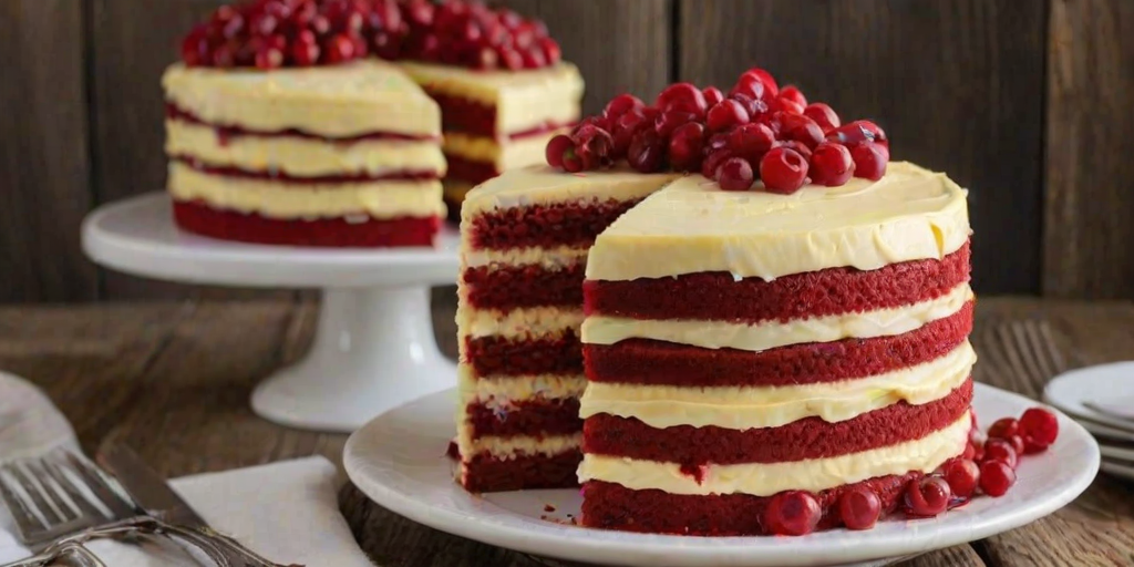 Create an image of a beautifully layered cake with a yellow frosting exterior and red velvet layers inside. The cake should be sliced to show the contrasting layers, and it should be presented on a round white plate with a rustic wooden background. Include a fork on a stack of small white plates beside the cake.