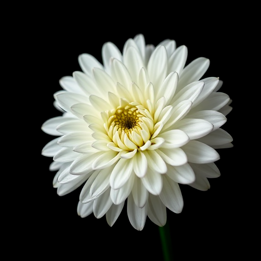 high-resolution macro shot of a white chrysanthemum flower against a black background, aperture f/2.8, shutter speed 1/200s, ISO 100, 100mm lens, soft light, DSLR camera