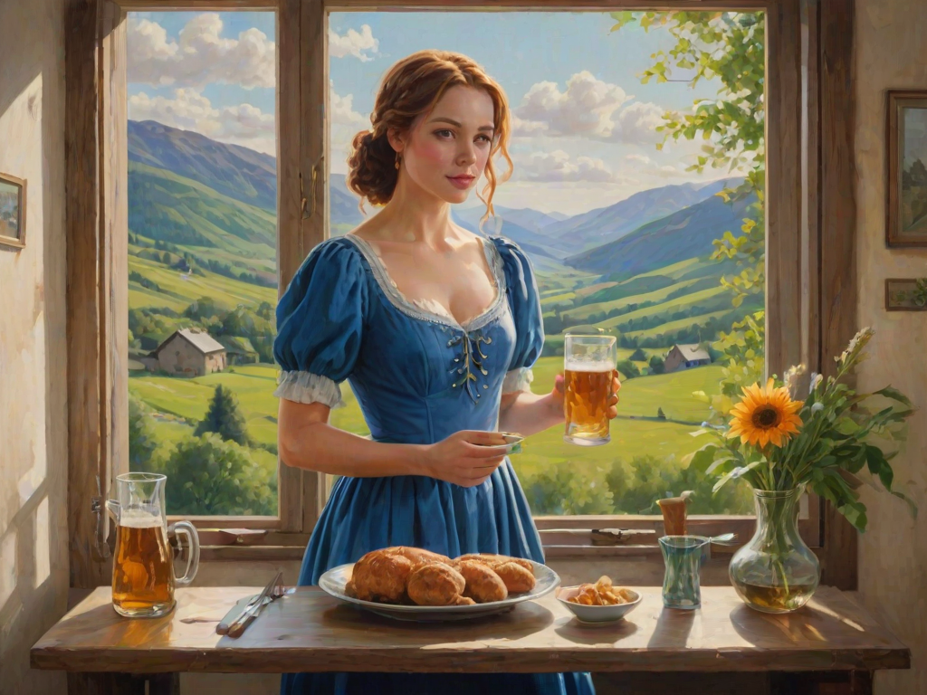 In "A Glass of Beer on the Highland," a serene scene is depicted in a sunlit room where a woman in a vibrant blue dress stands by a large window. She holds a tray with a hearty meal and a frothy glass of beer, embodying a moment of relaxation. Outside, the breathtaking highland landscape features rolling green hills and a charming traditional house, all bathed in warm afternoon light. The interior is adorned with potted plants, creating a harmonious blend of comfort and nature. The painting beautifully captures the tranquility and joy found in simple pleasures amidst stunning scenery