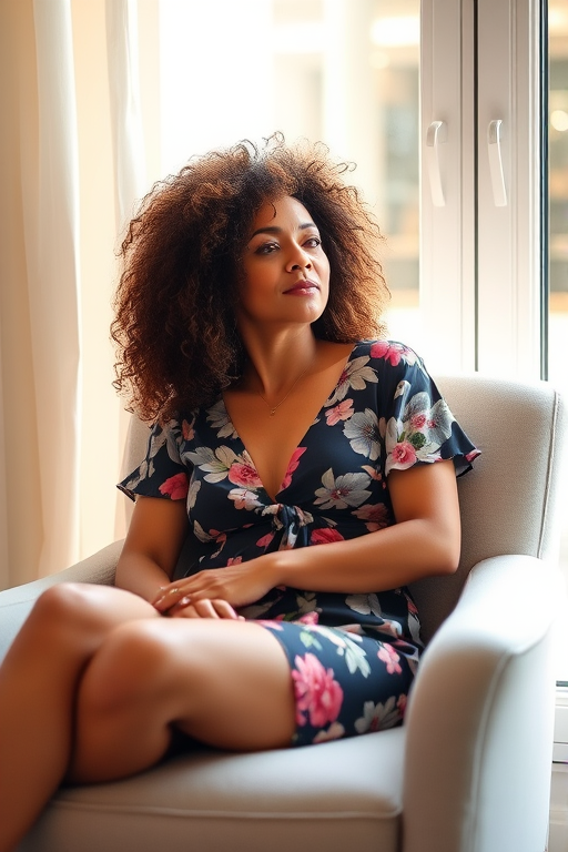 A serene woman with curly hair in a floral outfit relaxing on a plush chair by a sunlit window, soft focus, aperture f/1.8, ISO 200, 50mm lens, DSLR camera, natural light.