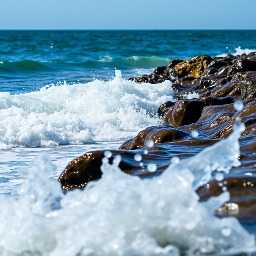 photograph of ocean waves crashing against rocky shore with splashes of water in foreground, sunny day, captured with a DSLR camera, aperture f/8, shutter speed 1/500s, ISO 100, wide-angle lens, low angle view, natural lighting