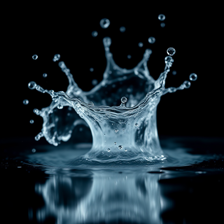 Regenerate a high-resolution image of a water splash against a black background, using a DSLR camera with a 50mm lens, F2.8 aperture, 1/1000s shutter speed, ISO 100, shot from a low angle in macro style to capture fine details and enhance clarity.