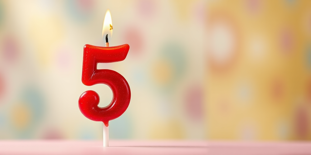 Create an image of a red birthday candle shaped like the number 5, with a small flame on top, in a bright, colorful setting, taken with a DSLR camera, 50mm lens, f/2.8 aperture, ISO 100, and soft natural lighting for enhanced quality.