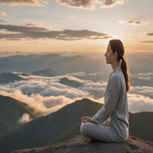 Softly focused image of a young woman meditating on a mountain peak at sunrise, soft light from the rising sun illuminating the clouds below, with a sense of peaceful solitude in the scene.