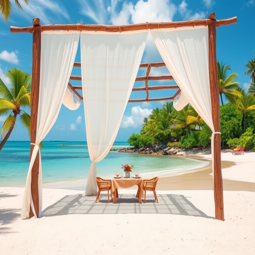 Create a picturesque tropical beach scene featuring a serene, white sandy shore. In the foreground, there's a rustic wooden canopy with white drapes gently flowing in the breeze. Underneath the canopy, a table is set with tropical decor, evoking a sense of relaxation and leisure. The beach extends into a calm, shallow water area with reflections of the sky and surroundings. Palm trees and lush greenery line the edge of the beach, providing a natural, tropical backdrop. The sky is clear with a few scattered clouds, and the overall atmosphere is tranquil and inviting, perfect for a peaceful retreat.