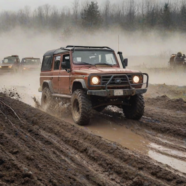 A rugged off-road vehicle driving on a muddy terrain with tire tracks in the foreground and a foggy landscape in the background.