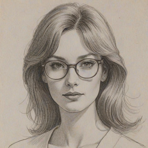 Pleasing Kathryn Gallagher, pencil sketch, portrait of Superb woman 1975s in glasses, hair style beatnik, outline, clear lines, fine lines, 8k