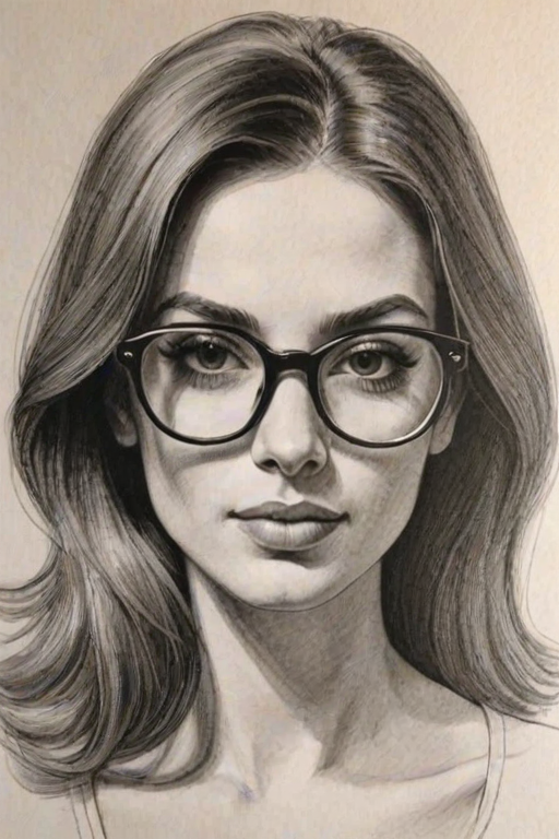 Beauteous Nessa Barrett, pencil sketch, portrait of Sublime woman 1972s in glasses, hair style beatnik, outline, clear lines, fine lines, 8k