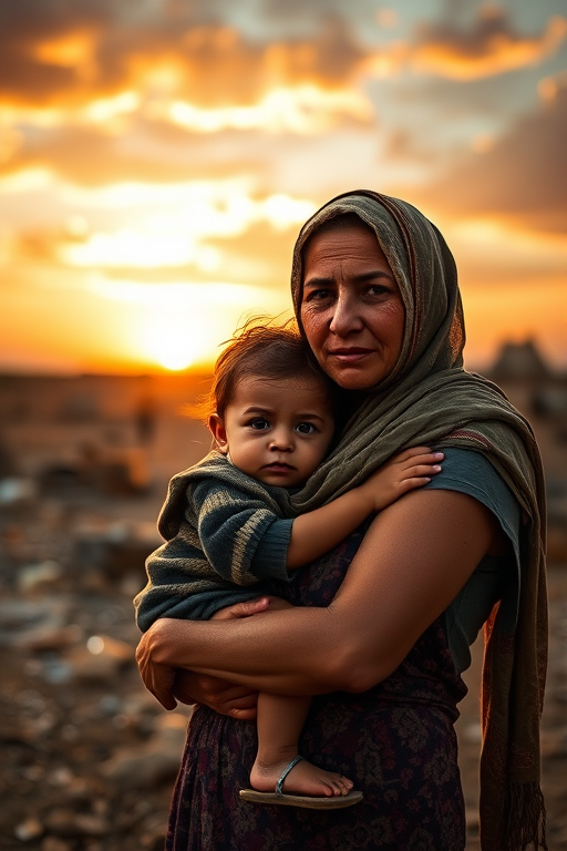Generate a poignant image of a weary woman holding a child in a war-torn landscape, with a dramatic sunset background, using a DSLR camera, 50mm lens, f/1.8 aperture, ISO 200, and a shallow depth of field for enhanced focus on their expressions.