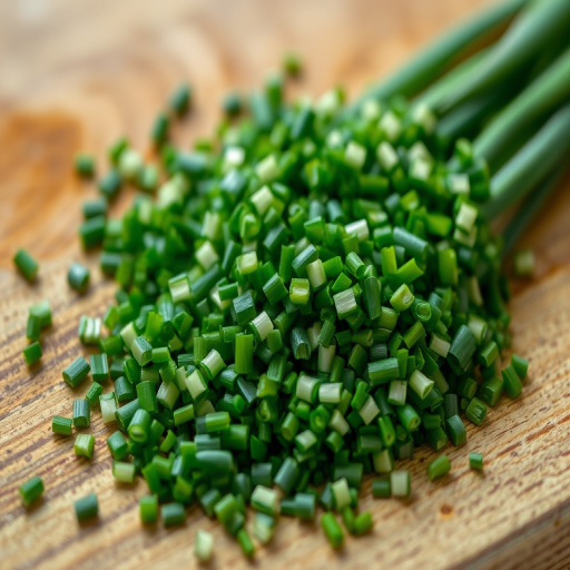 close-up shot of finely chopped green chives on a wooden surface, aperture f/2.8, shutter speed 1/60s, ISO 200, macro lens, natural light