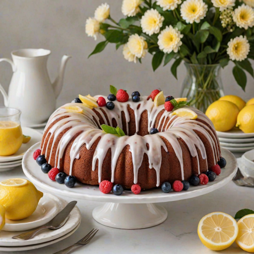 Create a beautifully styled image of a bundt cake on a white platter. The cake should be lightly glazed and decorated with fresh lemon slices and berries. Include a simple floral arrangement in the background and a plate with additional lemon slices and berries nearby. The setting should have a soft, natural light to enhance the colors and textures of the cake and garnishes.