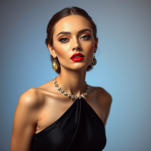 Studio portrait, female model, elegant couture dress, bold makeup, dramatic lighting, Utilize a 50mm portrait lens for crisp details and a soft background blur, 8k