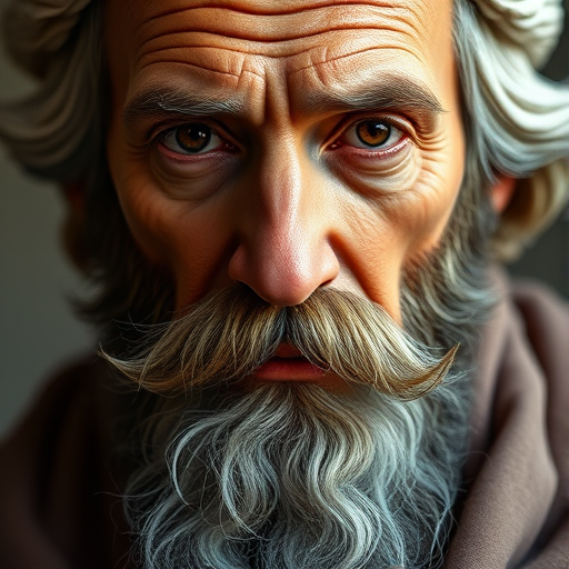 Create a hyper-realistic portrait of a classical philosopher with detailed facial features, focusing on the texture of the skin and beard, use a Canon EOS R5, 50mm lens, f/1.8 aperture, ISO 100, soft natural lighting, and a shallow depth of field to enhance the image quality.