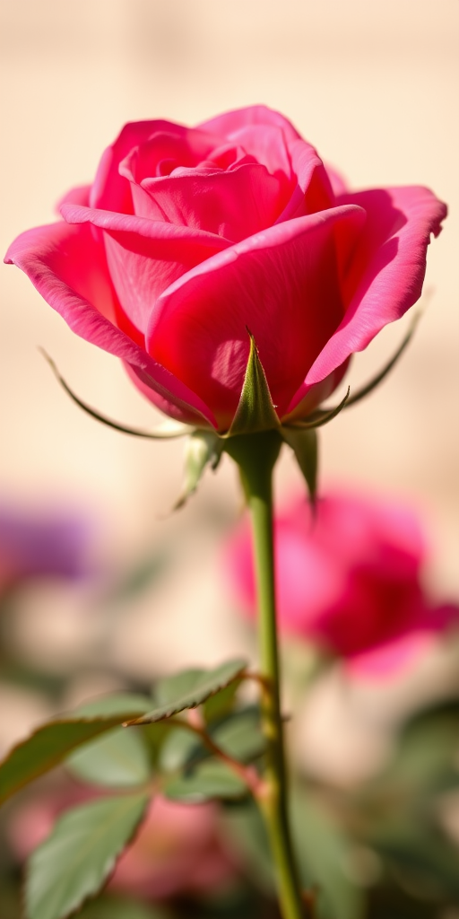 a close-up of a vibrant pink rose in full bloom against a softly blurred background, shot with a DSLR camera at f/2.8 aperture, 50mm lens, ISO 100, in natural light to enhance color and texture details