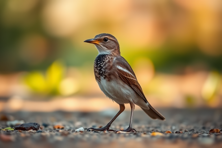 A close-up photograph of a bird standing on the ground, captured with a Canon EOS 5D Mark IV, 70mm lens, aperture f/2.8, ISO 200, shot at a shallow depth of field with soft bokeh in the background, natural lighting for enhanced colors and clarity.